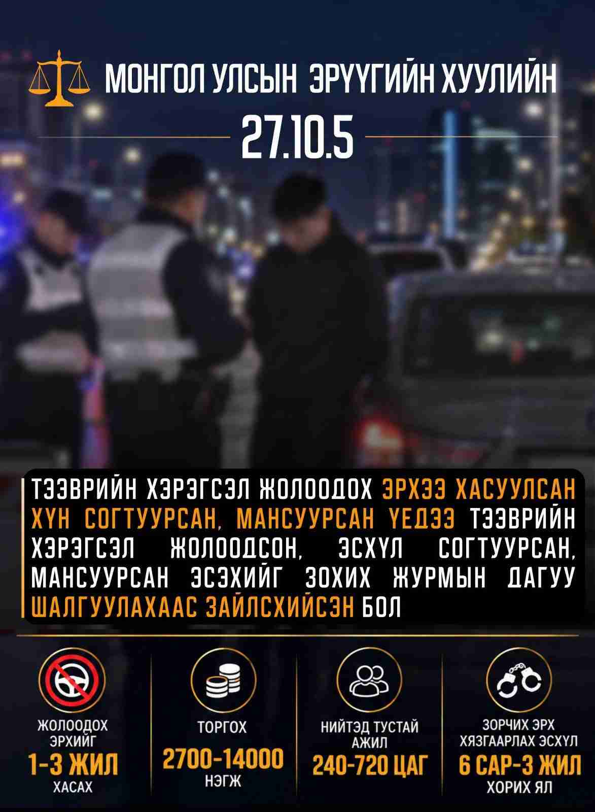 Жолоодох эрхээ хасуулсан үедээ согтуугаар тээврийн хэрэгсэл жолоодсон этгээдийг илрүүллээ